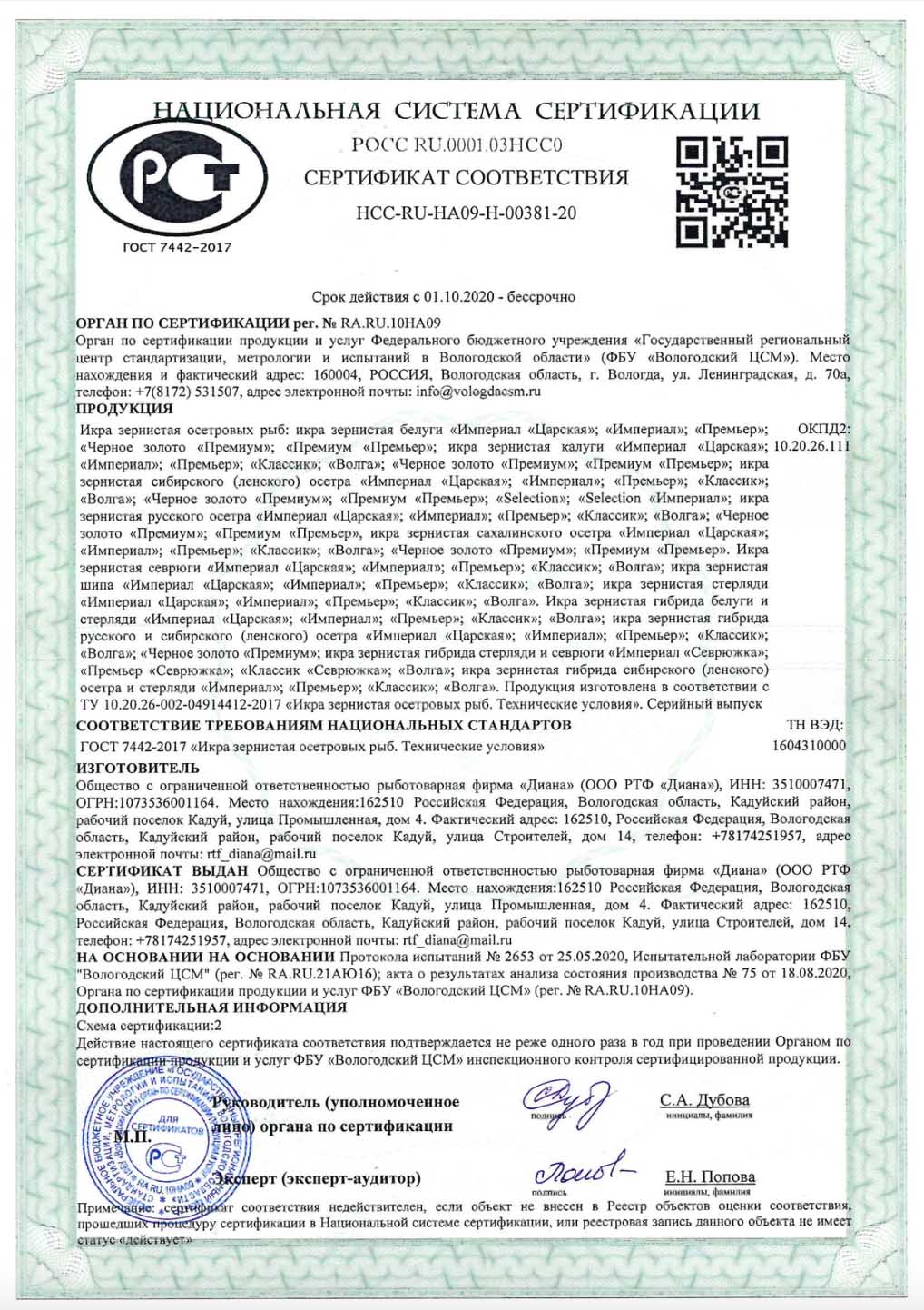 Сертификат на икру